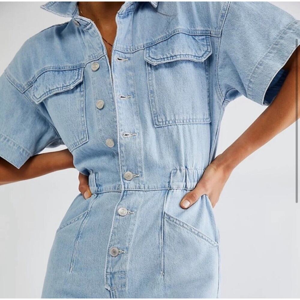 Free People We The Free Boho Light Denim Coverall Jumpsuit Defined Waist Women S - Picture 2 of 16